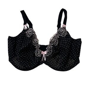 Elomi Black and Pink Polka Dot Lace Bra, underwire 40HH